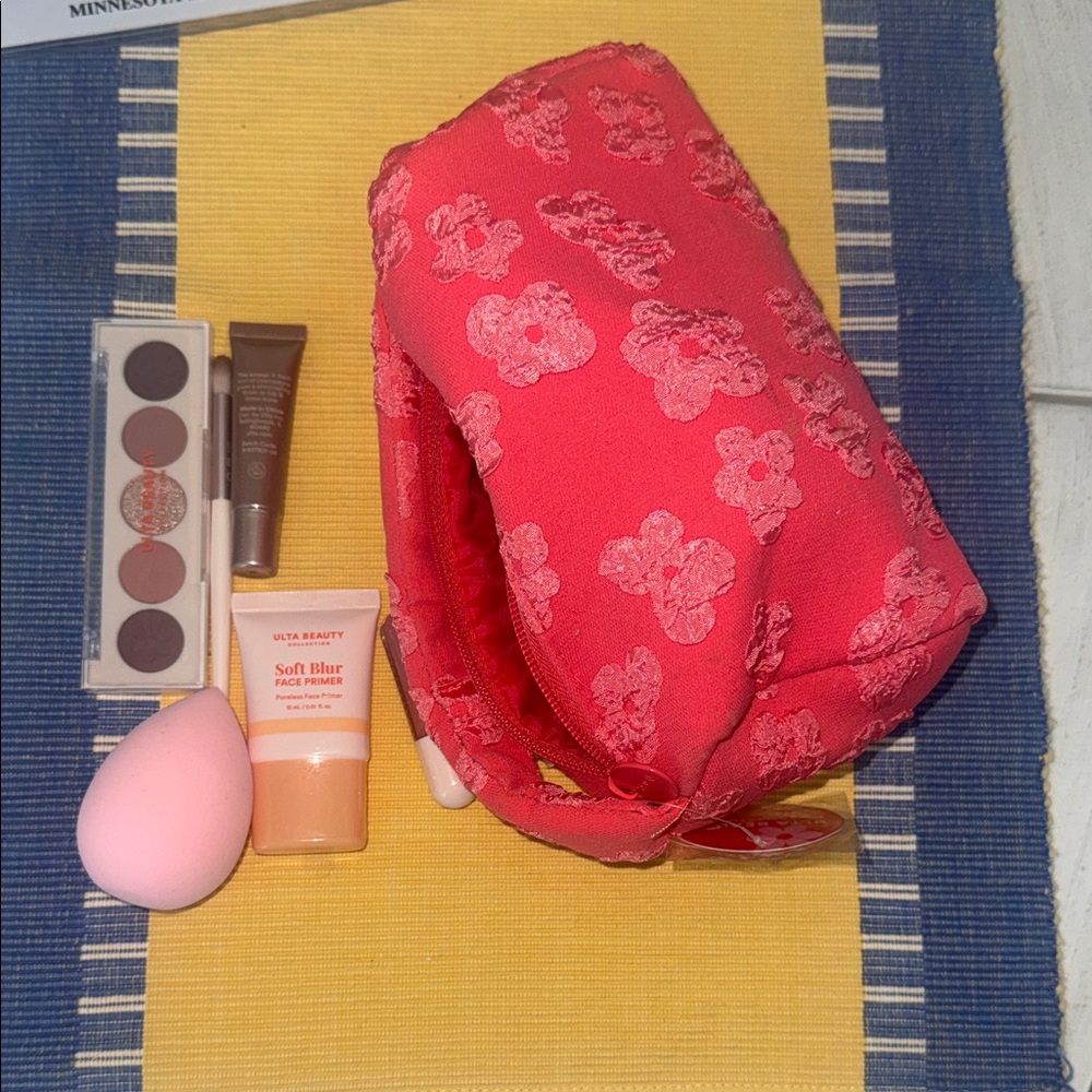 Pink Floral Makeup Pouch with makeup